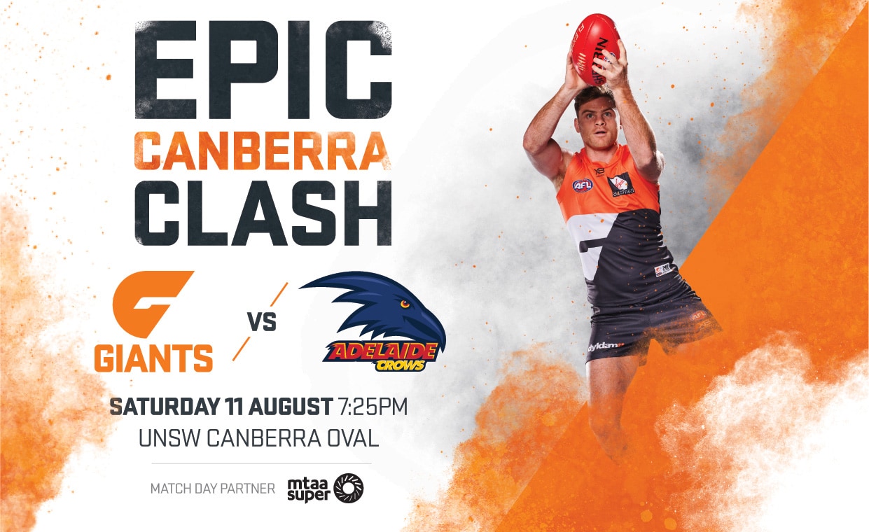 SLIDER-Round-21.jpg The GIANTS host the Adelaide Crows at UNSW Canberra Oval this Saturday, August 11. - AFL,GWS Giants,Adelaide Crows,UNSW Canberra Oval